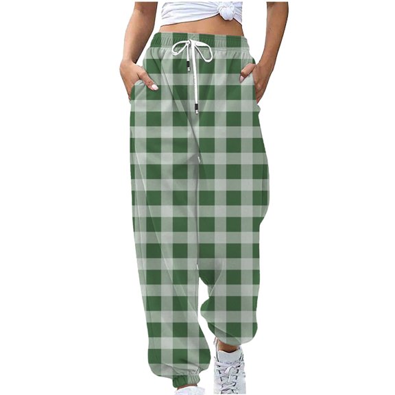 JWZUY Women's Jogger Pants Casual Elastic Waist Workout Plaid Geometric Graphic Sweatpants Green S