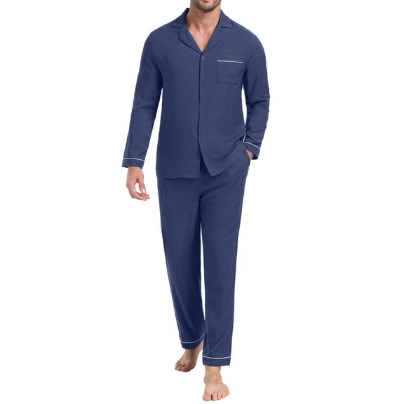GIRUNS Men's Pajamas Set Soft Sleepwear Button Down Long Sleeve and Long Pants with Pocket Loungewear Sets Navy Blue L