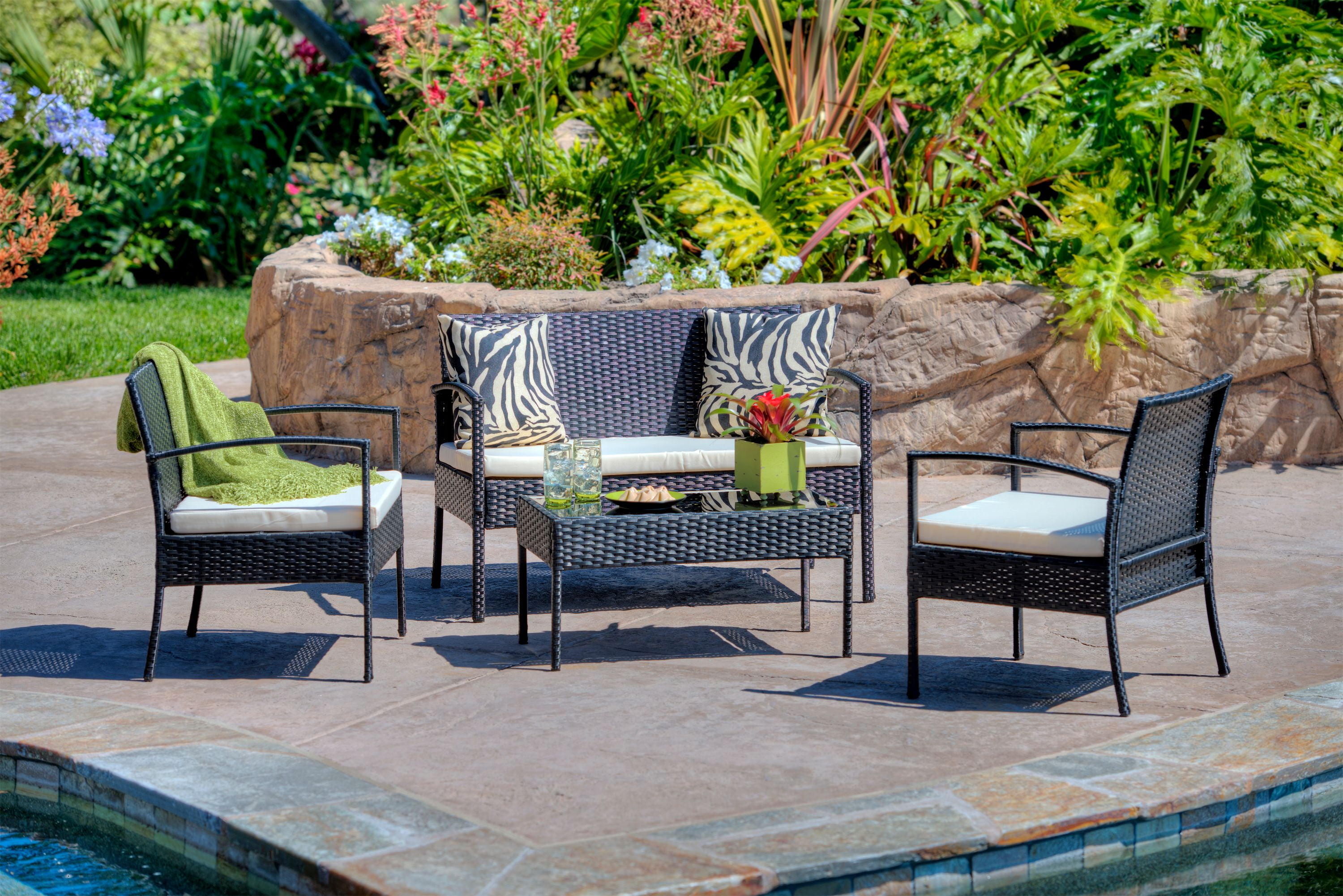 Incadozo 4 Piece All Weather Wicker Patio Seating Set With Beige Cushion Black Walmart Com Walmart Com