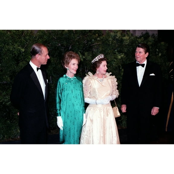 Queen Elizabeth Ii And Prince Philip Stand With President And Mrs. Reagan During A State Dinner At The M.H. De Young