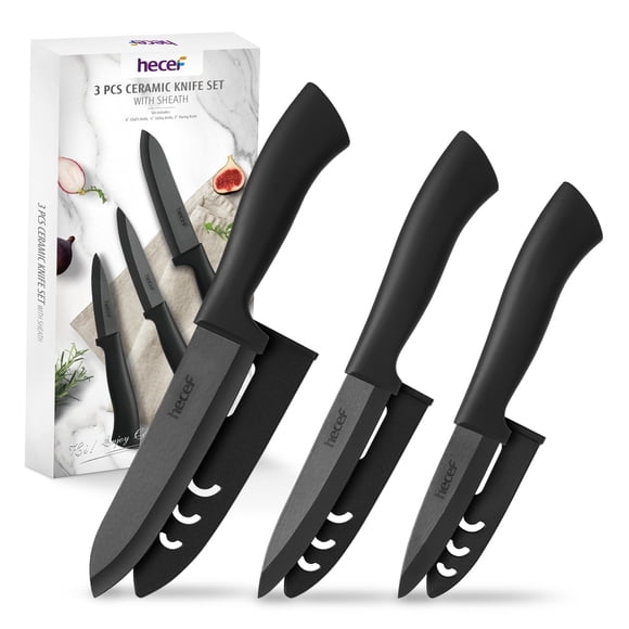 Hecef Juego de Cuchillos de Cerámica de 3 Piezas con Protectores de Hoja, Cuchillo de Chef para Pelar Verduras y Frutas
