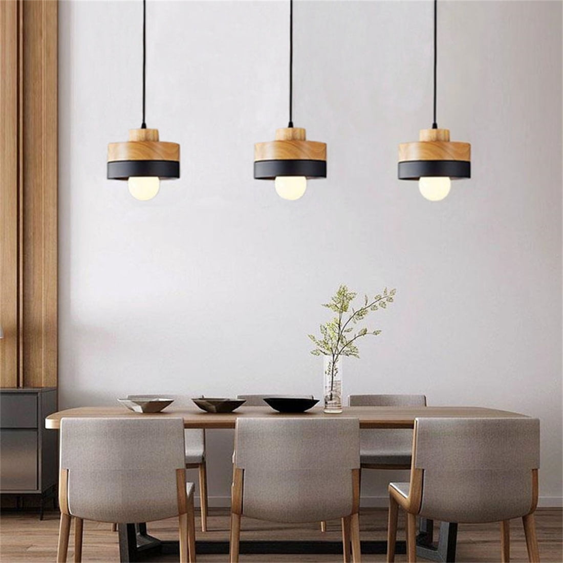JLOWCO Led Hanging Lights with Plug in Cord,modern Pendant Lights Kitchen Island Lighting Black Hanging Light Fixture Wood (LED Bulb Include)