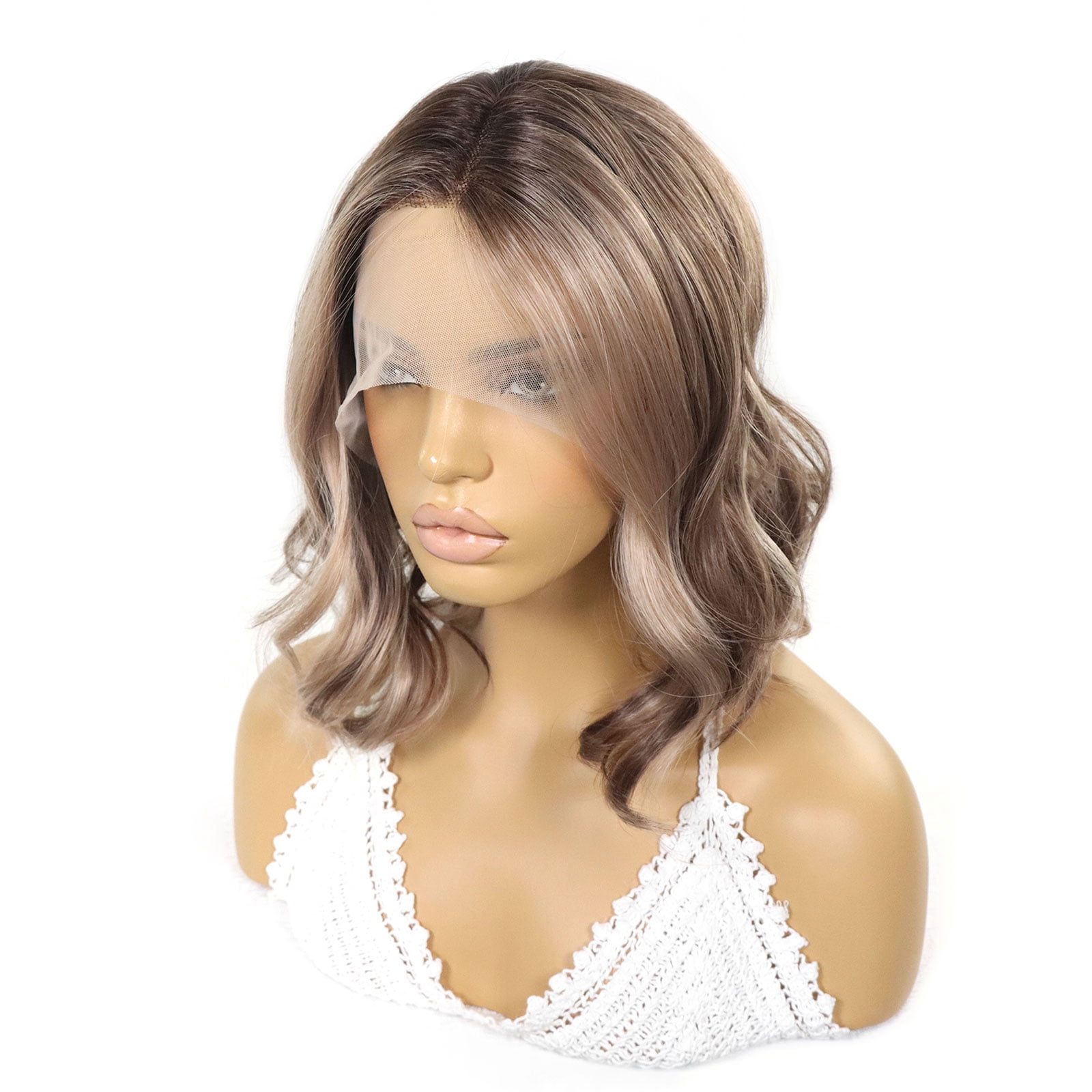 Ash Brown Wavy Highlight Synthetic Lace Front Short Bob Wigs 13x3 Colored Straight Wig Dark Roots Blonde Wig For Women Daily Use