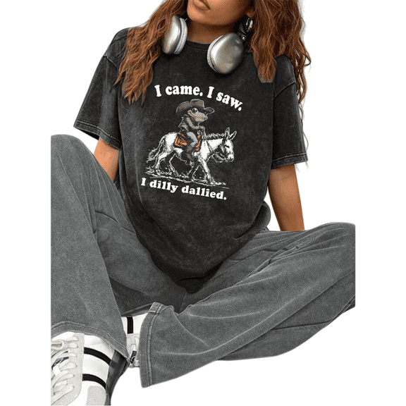 Women's Humorous "I Came, I Saw, I Dilly Dallied" Cowboy Frog On Donkey Graphic Breathable Washed T Shirt Black S-2XL Plus Size