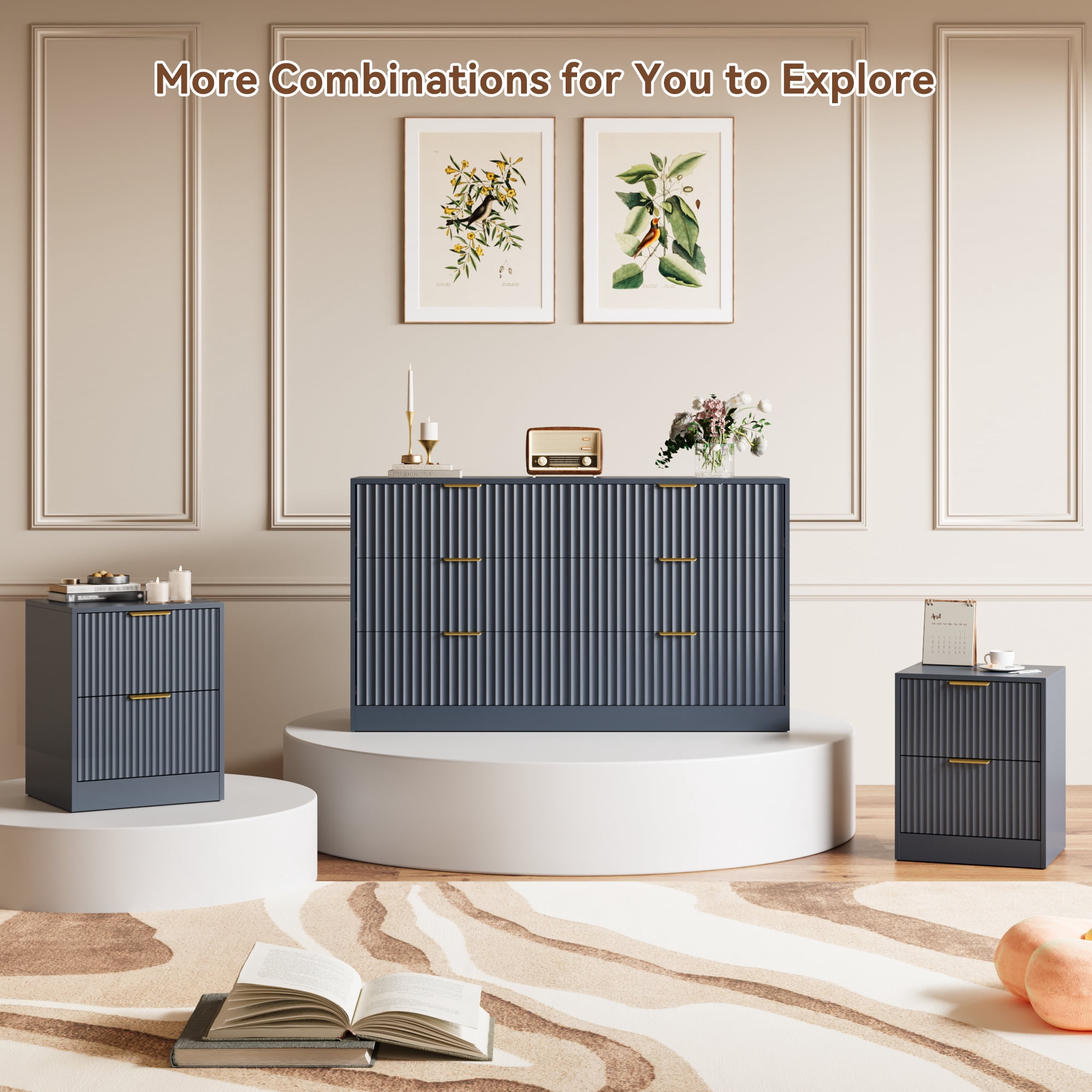 YouTrend 6 Drawer Dresser for Bedroom,55.1"Width Fluted Wood Chest of Drawer with Golden Embedded Handles for Living Room,Blue