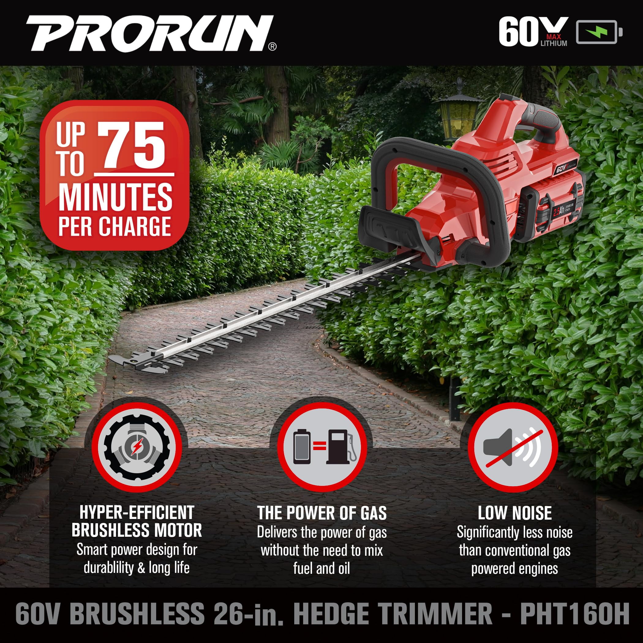 PRORUN 60V 26-in. Brushless Cordless Hedge Trimmer with 2.5 Ah Battery and Charger