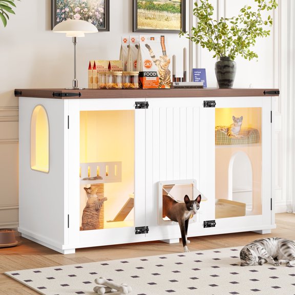 Cat Litter Box Enclosure with LED Light, 47.25 Inch Large Hidden Cat Litter Box Furniture Cabinet with Smart Doors, Cat House with Stairs and Scratching Post, Cat Cabinet Side Table