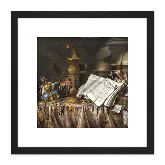 Collier Vanitas Still Life Crown Gold Painting 8X8 Inch Square Wooden Framed Wall Art Print Picture with Mount