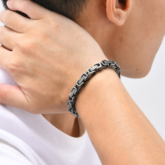 Mens Byzantine Chain Bracelet, Stainless Steel Hypoallergenic Flat Byzantine Bracelets, Vintage Grey Non Tarnish Mechanic Chain Link Bracelets Jewelry for Men, 8.27 Inches