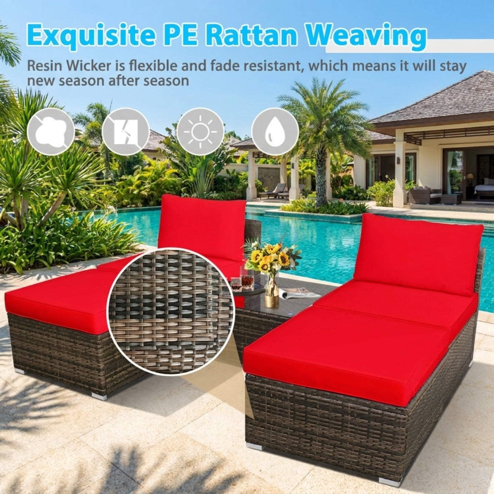 Furnibear 5 Piece Patio Furniture Set Outdoor Wicker Conversation Set with Cushioned Armless Sofas and Coffee Table for Garden Deck, Red