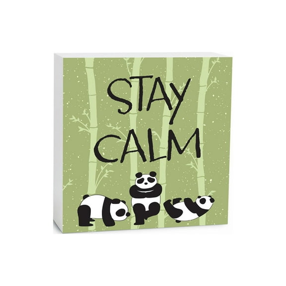 Stay Calm Green Bamboo Pandas 5 x 5 Wood Tabletop Sign Plaque