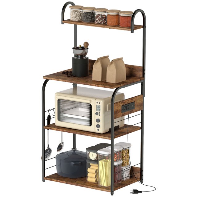 HOMCOM Baker's Rack with Power Outlet, Microwave Stand, Rustic Brown
