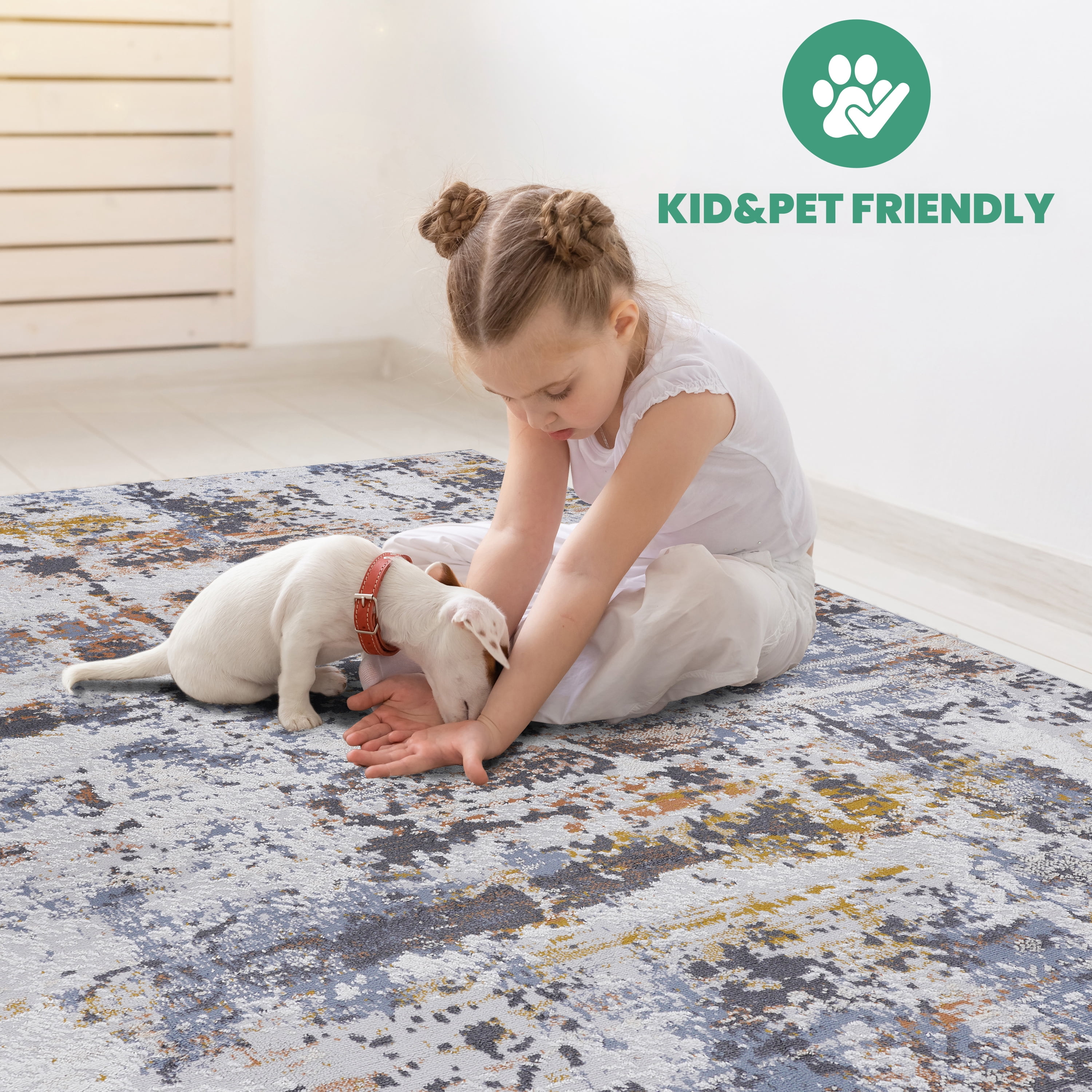5X7 Ivory Blue Abstract Area Rug Non Shedding Stain Resistant Kid Pet Friendly Medium Pile Living Room Bedroom Dining Room Home Office Rug
