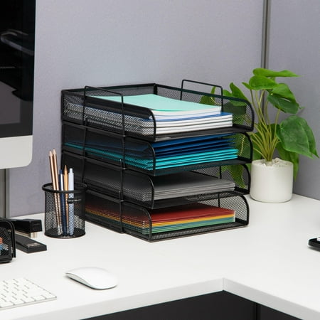 Mind Reader - Stackable Paper Tray, Desktop Organizer, File Storage, Office, Metal Mesh, 10.5"L x13.5"W x11.25"H, 4 Pcs. - Black