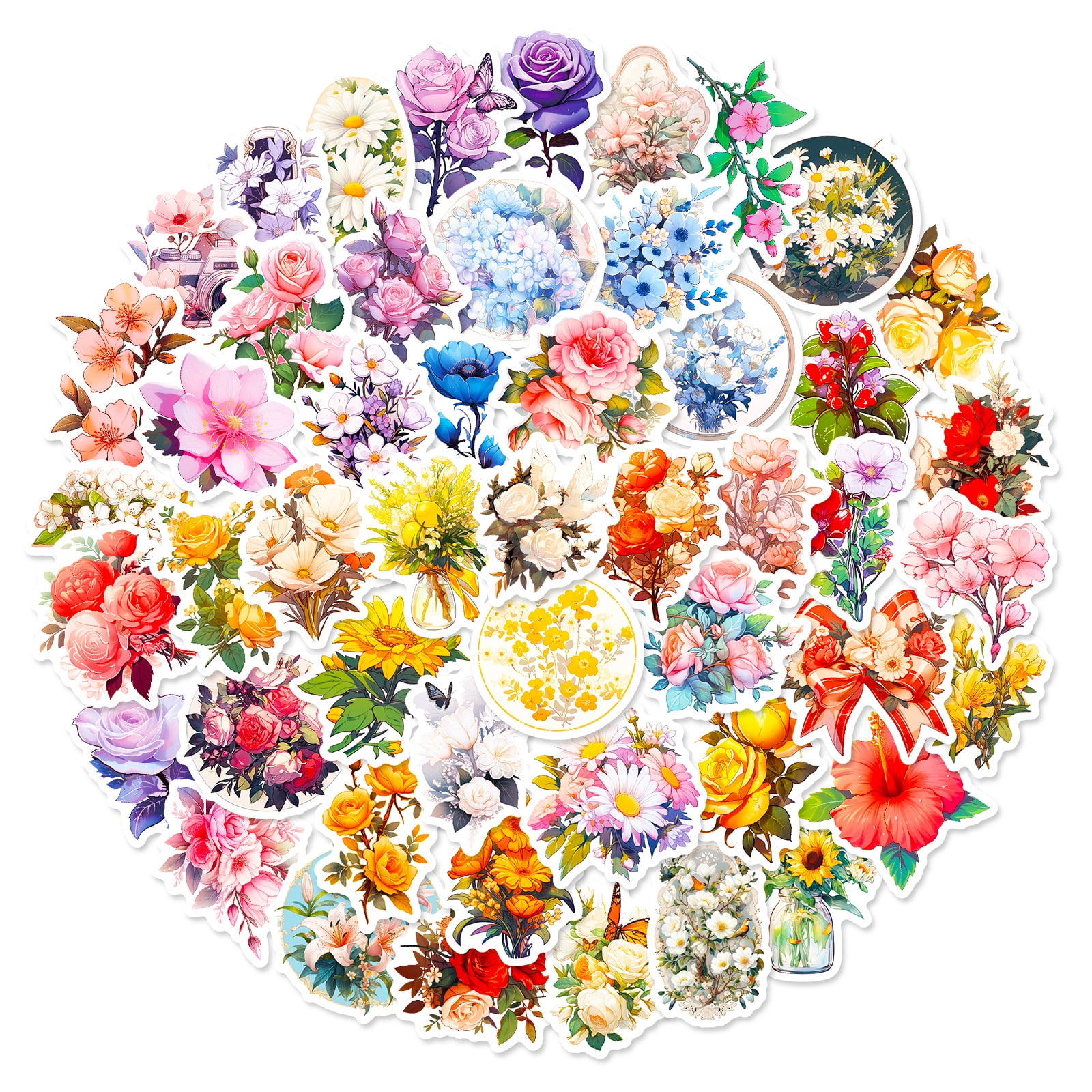 50-Pack Vintage Floral Stickers - Retro Flower Plant Doodles, Creative Journal Stickers for Scrapbook, DIY, and Decorating