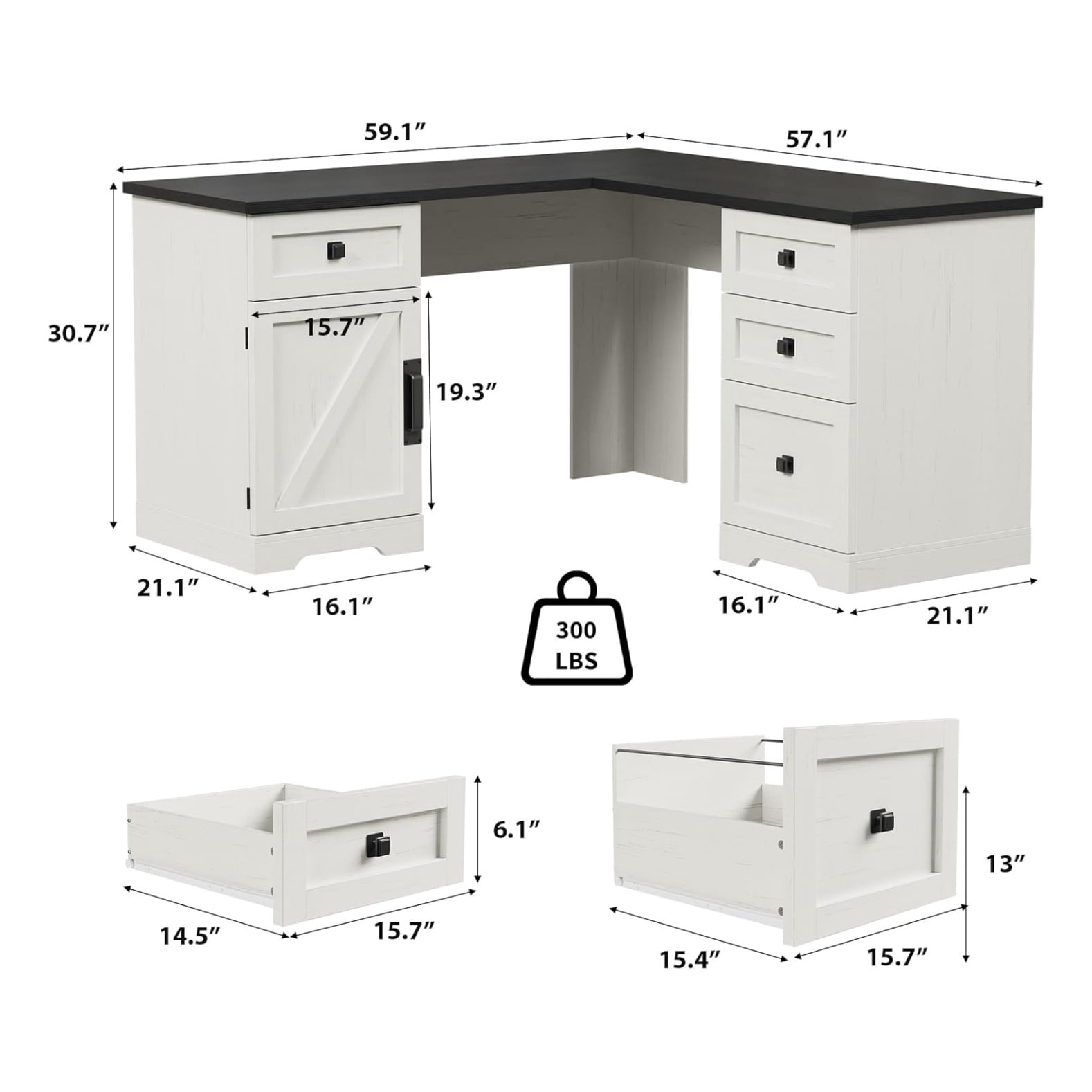 Farmhouse 60" Executive L Shaped Desk, Home Office Desk with File Drawers and Storage Cabinet, Corner Computer Desk with Adjustable Side Storage Cabinet