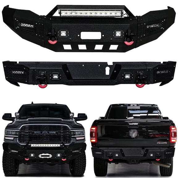Vijay Compatible with 2019-2020-2021-2022-2023-2024-2025-2026 Dodge RAM 2500/3500 Front and Rear Bumper Textured Black Steel with Light and D-ring