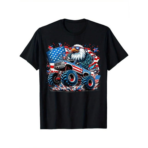 children’s wear Retro Patriotic Monster Truck Bald Eagle USA Flag Sunglasses Graphic T-Shirt for Boys and Kids