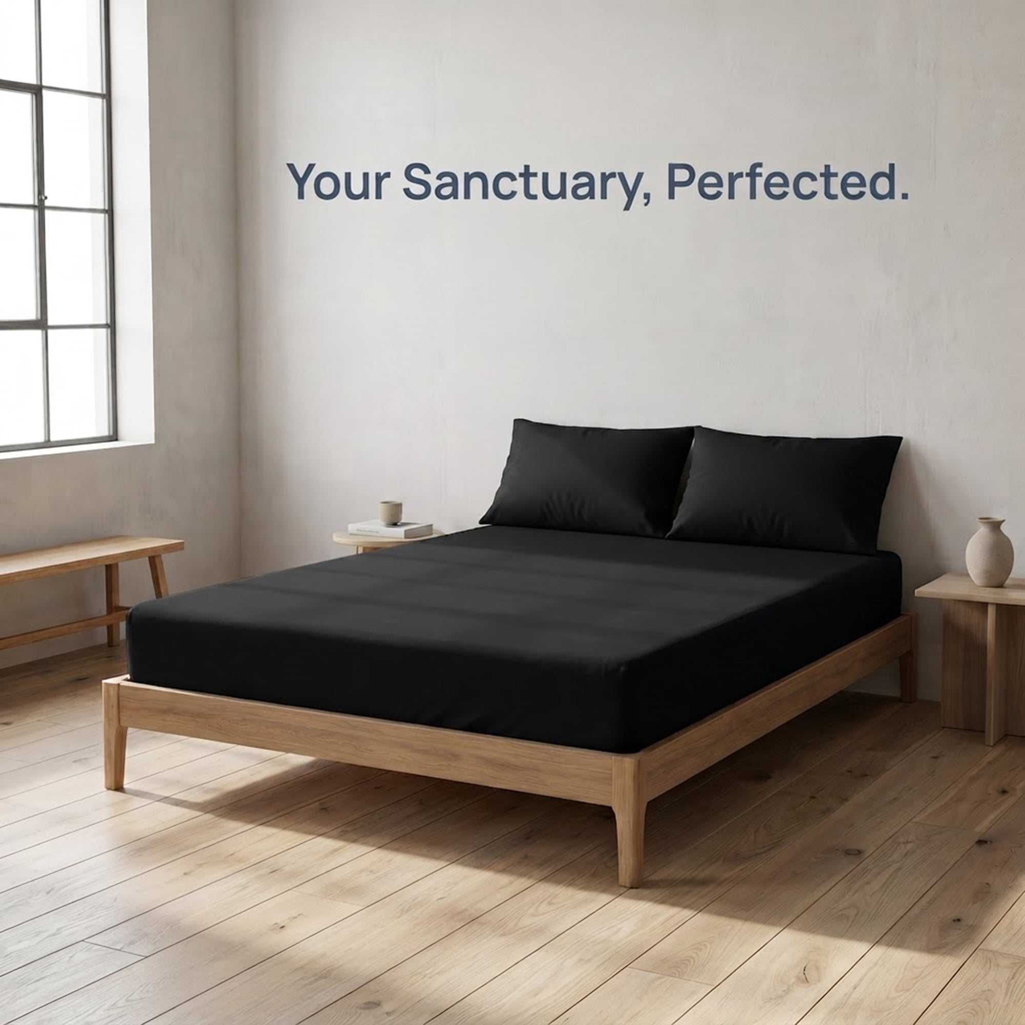 Unique Bargains Fitted Sheet Solid Cotton Bed Sheets Breathable Knight black 60.2"x79.9"