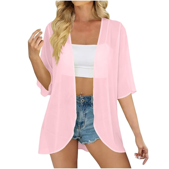 BSDJILFG Summer Cover Ups for Women 3/4 Sleeve Chiffon Top Dressy Lightweight Open Front Ruffle Cardigans