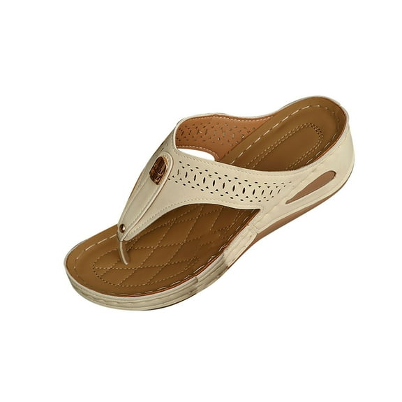 RUIYANQI Women's Thong Sandals Perforated Design Comfortable Flat Shoes Adjustable Buckle Summer Beach Footwear Trendy Outdoor Walking Sandals Beige Women Sandal