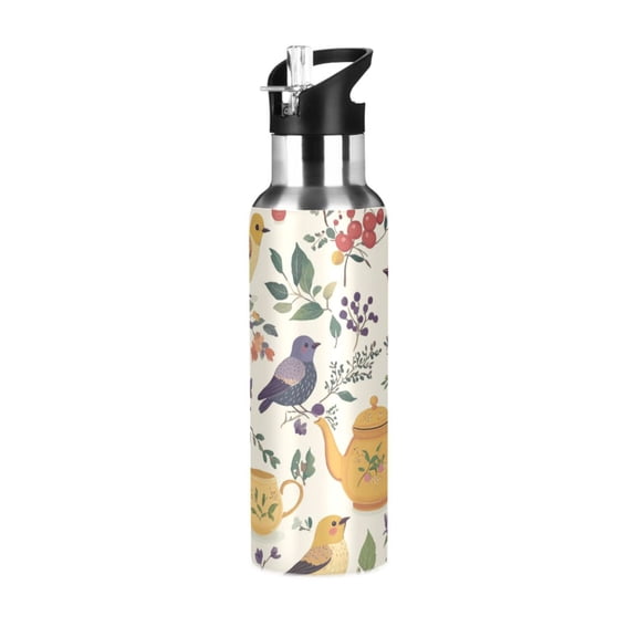 Yayeee 20oz Insulated Water Bottle Double Wall Stainless Steel with Flip Straw Lid, Birds and Teapots