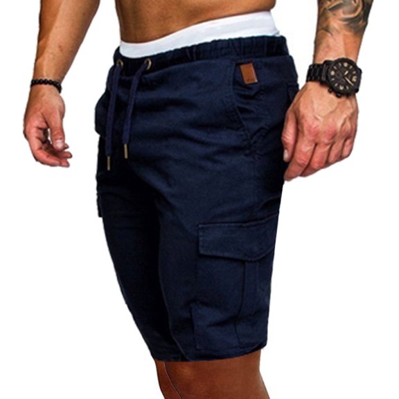 UTTOASFAY Mens Pants Fashion Man Solid Elastic Waist Mid Waist Loose Pockets Bandage Short Pants Navy 8(L)
