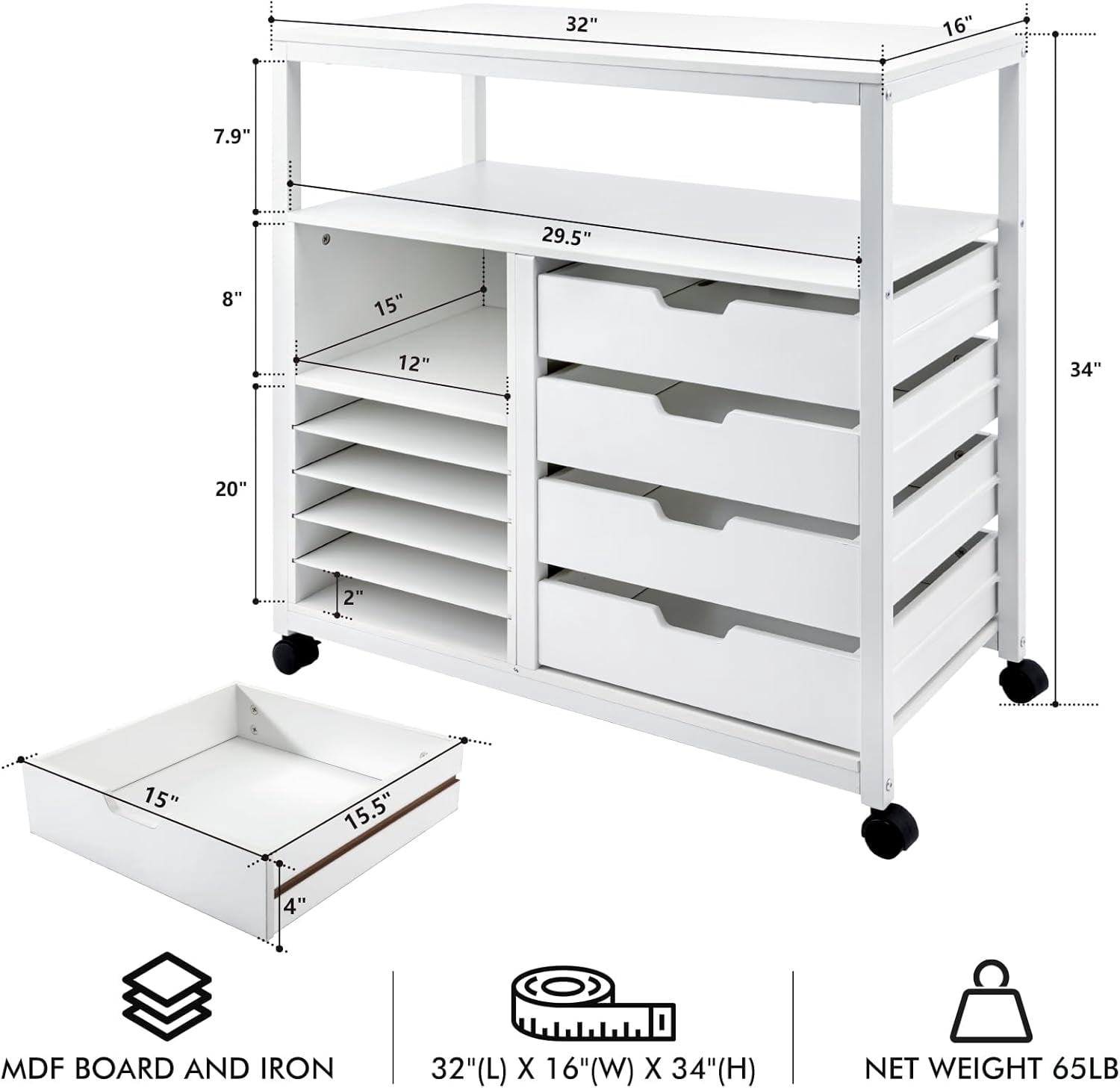 Craft Organizer Storage Cart, Rolling Cart Organizer, Vinyl Roll Holder and Cutting Machine Storage Cabinet, Craft Cart with Drawers for Craft Room Organizer 32" W x 16" D x 34" H