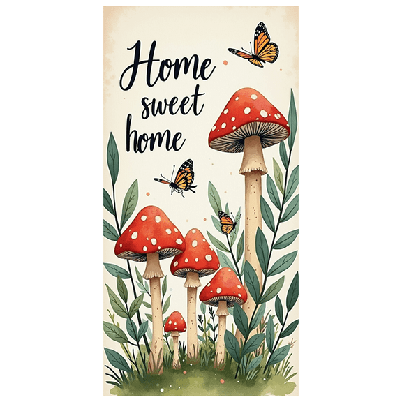 Forest Theme Mushrooms Banner Home Sweet Decor Red Toadstools Butterflies Illustration for Home Decoration Interior Decor Living Room