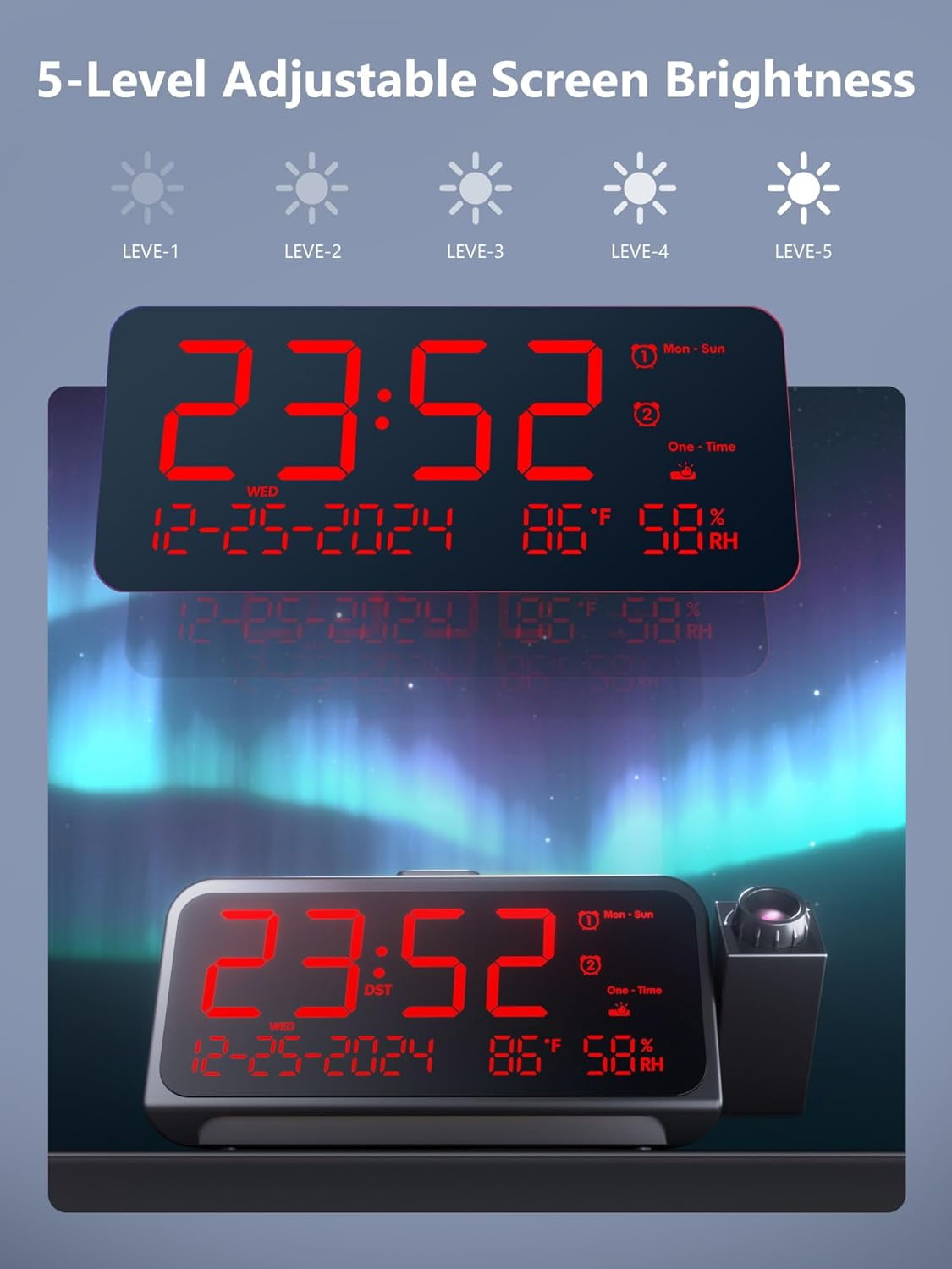 Projection for Bedroom,Digital Clock with 350° Rotatable Projector,5-Level Dimmer,Dual Alarm with Weekday/Weekend Mode,Adjustable Volume,Temp,Humidity,Calendar,Snooze,12/24H,Night Light