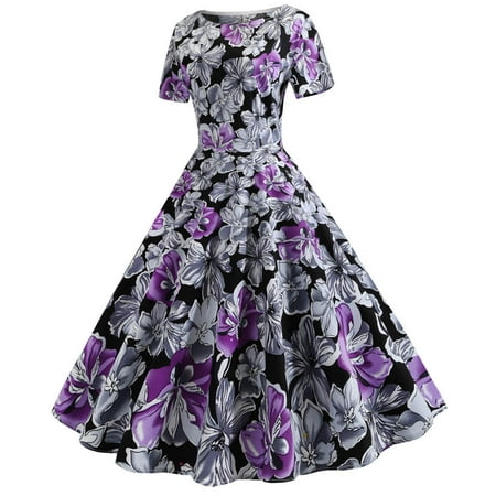 

Womens Jumpsuits Summer Fashion Printed Short Sleeve O-Neck Vintage Dress Overalls Purple XXL