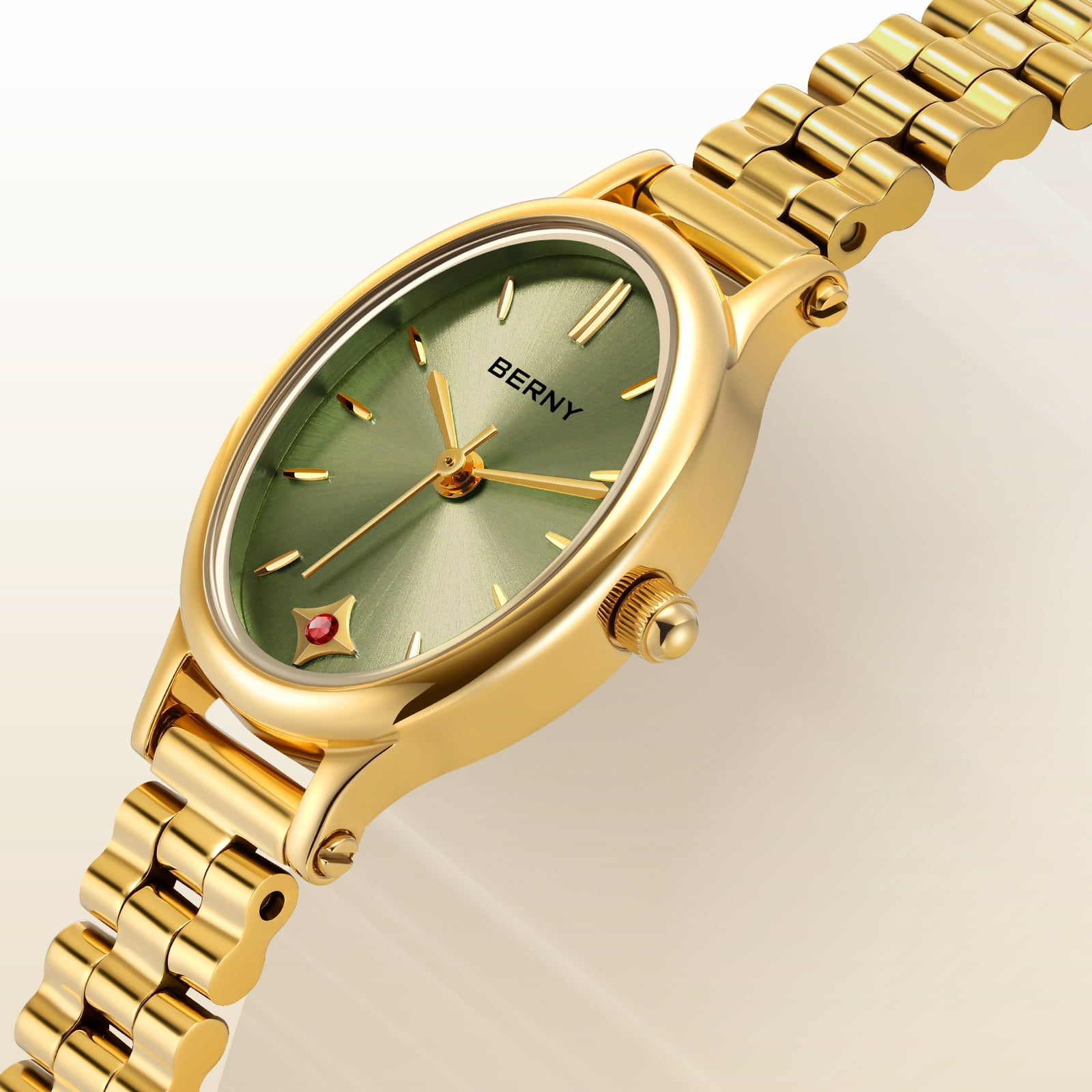 BERNY Small Gold Watches for Women, Dainty Luxury Oval Sunray Dial, Stainless Steel Bracelet Watch, Adjustment Tool Included, Waterproof, Fashion Ladies Analog Quartz Wrist Watch Gifts (Light Green)