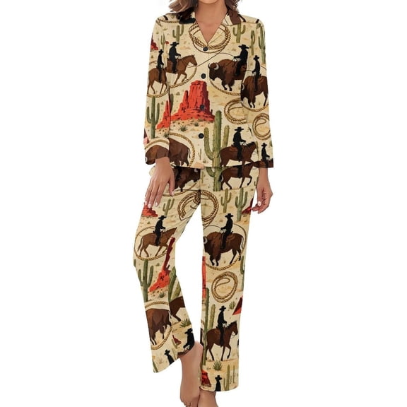 Top-kevin Pajama Sets for Womens Cowboys Riding Horses Bison Loose Button Down Long Sleeve Shirts And Pants Set