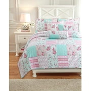 Cozy Line Pink Garden Floral Tiffany Blue Reversible 5-Piece Quilt Bedding Set, Twin Set with Decorative Pillows