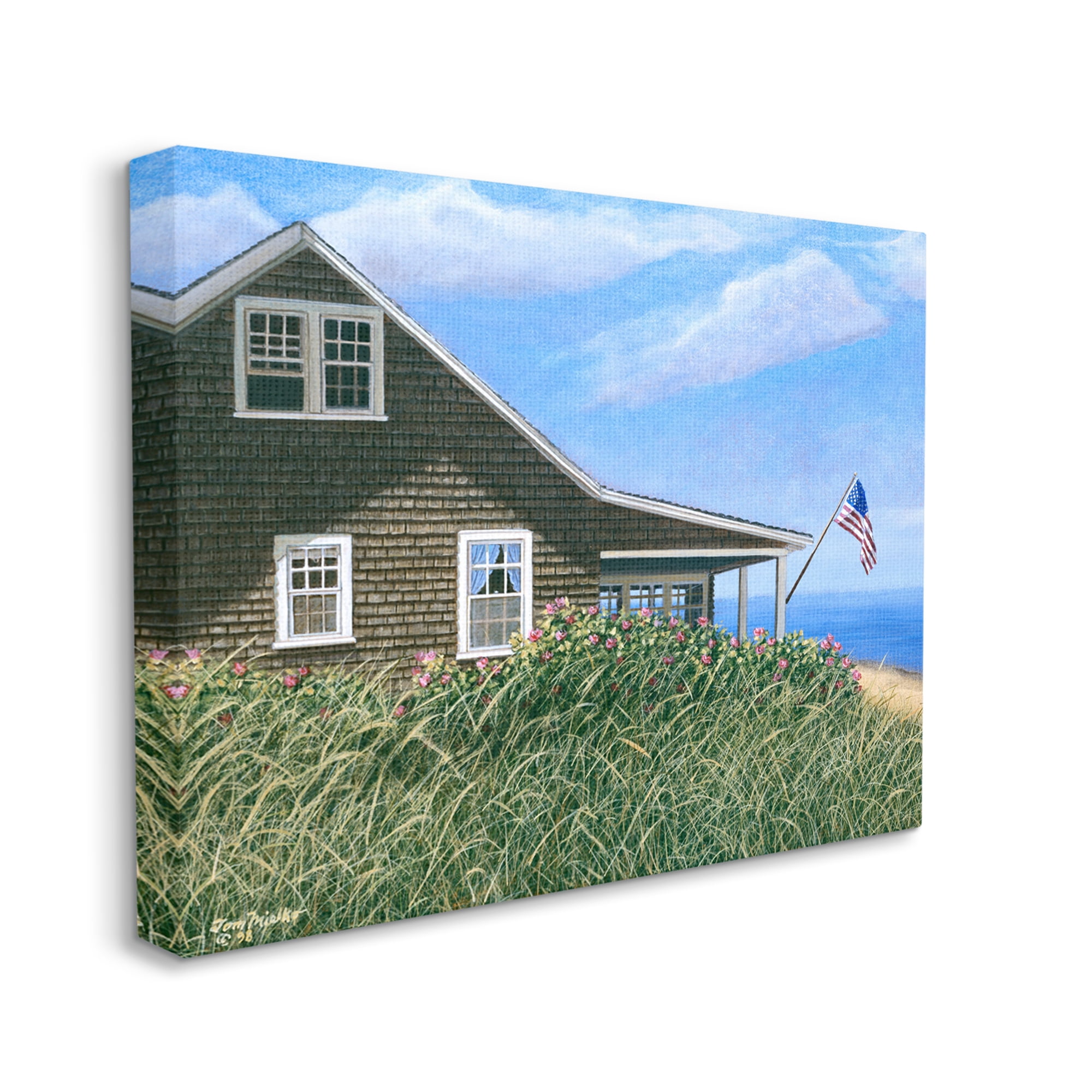 Stupell Industries Seaside House American Flag Peaceful Coastal Home Painting Gallery Wrapped Canvas Print Wall Art, Design by Tom Mielko