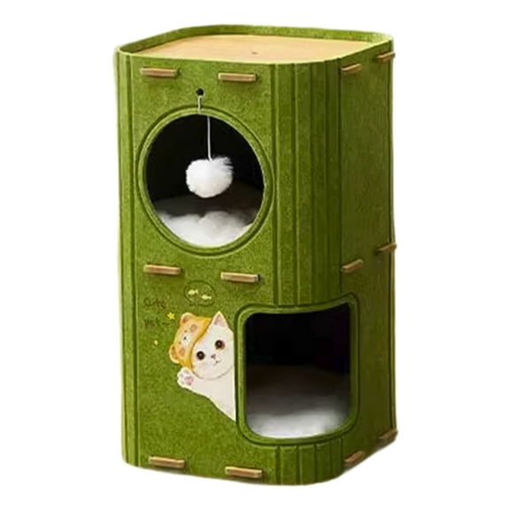 Yooshoverk 2-Story Felt Cat House - Indoor Cave with Removable Mats - Multi-Cat Condo Hideaway with Scratching Posts - Gray Washable Cover