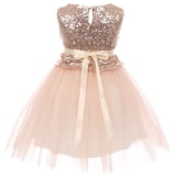 Little Girls Champagne Rhinestone Tulle Satin Pleated Flower Girl Dress 2-6
