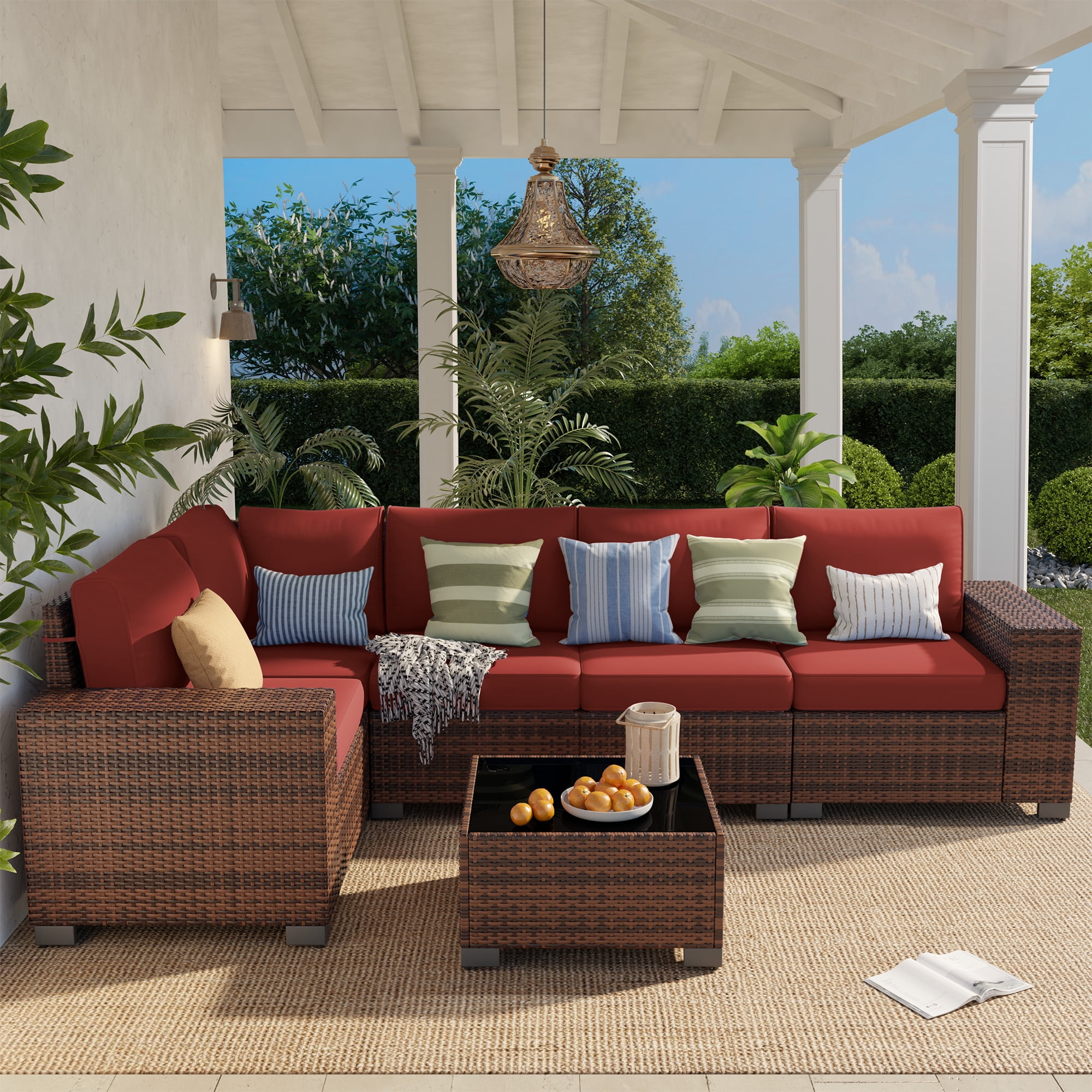 Poteban Patio Furniture Set 6 PCS Outdoor Sectional Conversation Sets Featuring Widen Wicker Armrests and High Back,Brown&Red