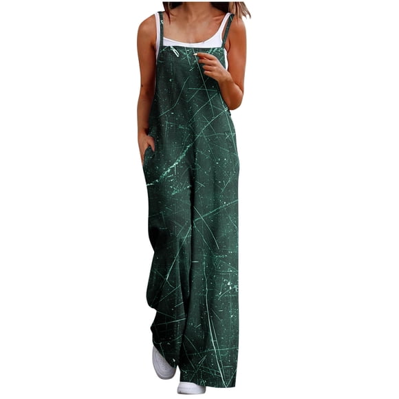 Aqestyerly Women Casual Sleeveless Printed Jumpsuit With Pockets,Loose Back Strap Overalls For Home,Lounge Or Streetwear