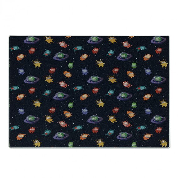 Space Cutting Board, Aliens with Various Expressions Happy Sad in Love in Spacecraft Dotted Background, Decorative Tempered Glass Cutting and Serving Board, Small Size, Multicolor, by Ambesonne