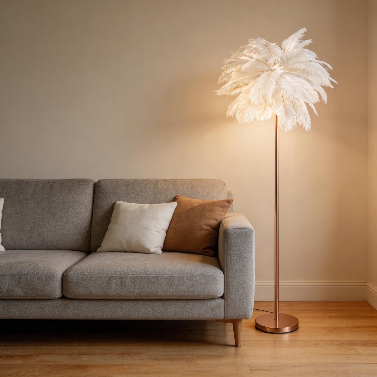 Feather Floor Lamp for Living Room, Fluffy Ostrich Feathers Lamp, Rose Gold Color Body with 5 standard G4 Bulbs - White