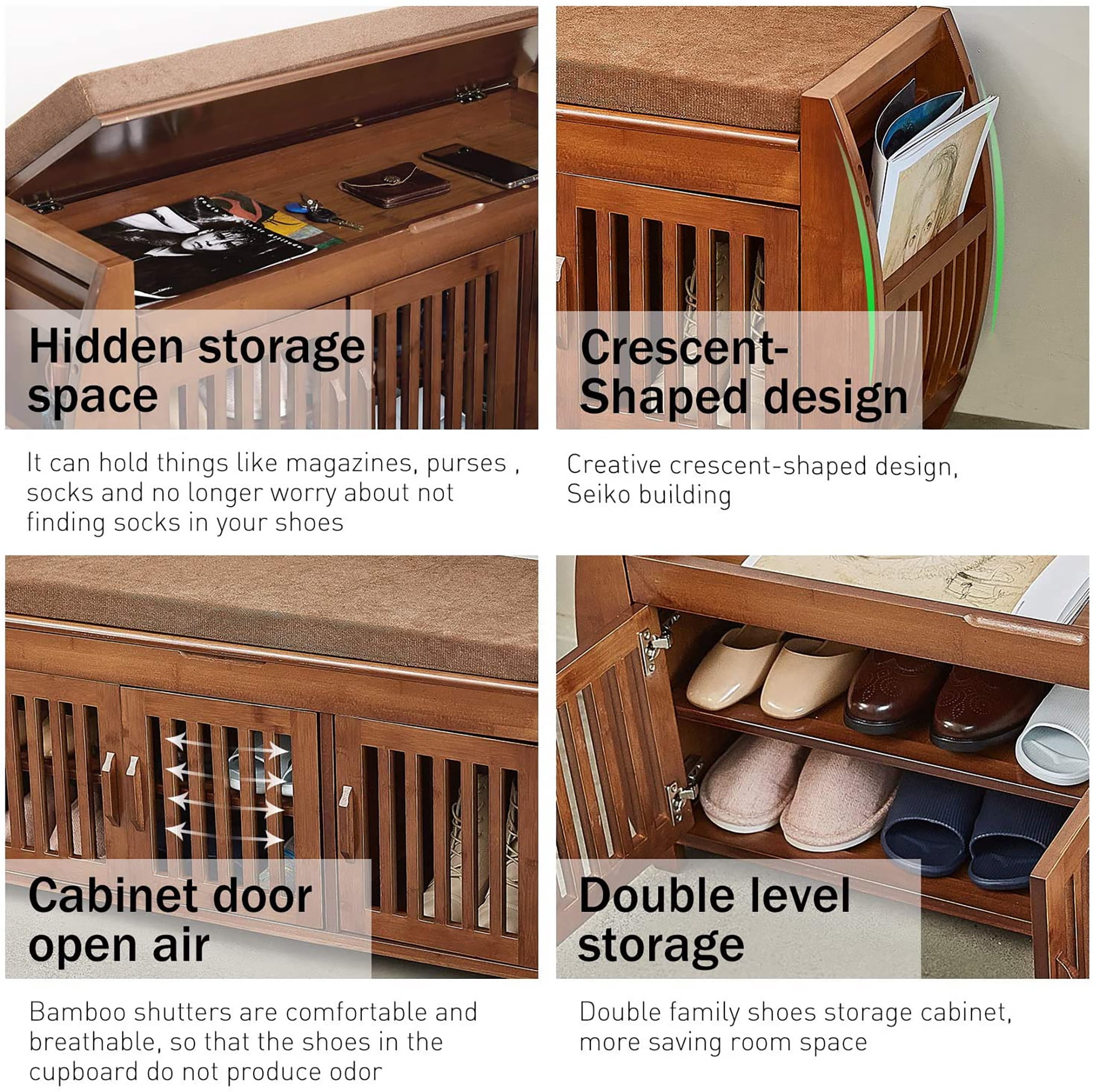 BALANBO Bamboo Shoe Benches & Shoe Rack, Entryway Storage Organizer,Detachable Cushion with Hidden Storage Compartment