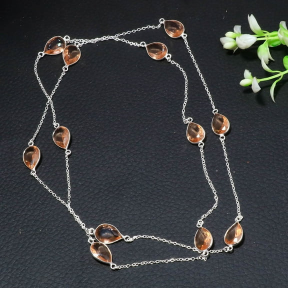 Morganite Gemstone Necklace Handmade Unique Design Dainty Pear Shape Jewelry 36"