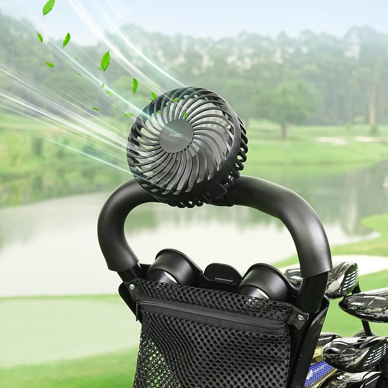 A2C Portable Fan with Adjustable Strap, Hands-Free Rechargeable Fan for Golf Cart, Forklifts, Lawn Mowers, 3 Speeds