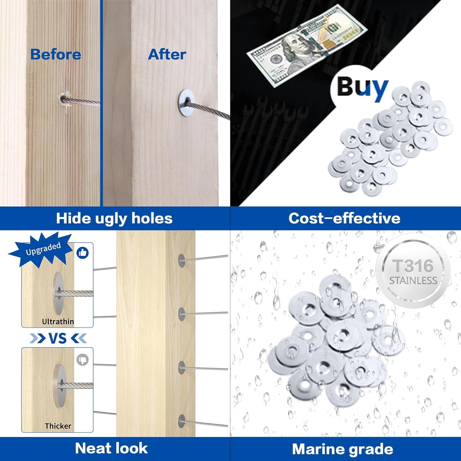 20 Pack Cable Railing Adhesive Sleeves T316 Stainless Steel Adhesive Grommet Protector Sleeves for 1/8" 5/32" 3/16" Wire Rope Cable Railing Hardware Kit Wood Metal Posts CR91