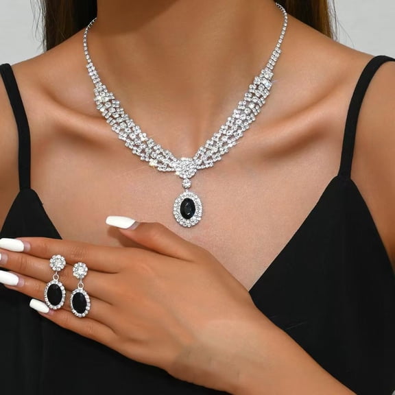 Fashion Women's Rhinestone Jewelry Set Diamond Studded Sparkling Water Droplet Necklace Earrings Wedding Party Bride Jewelry Gifts