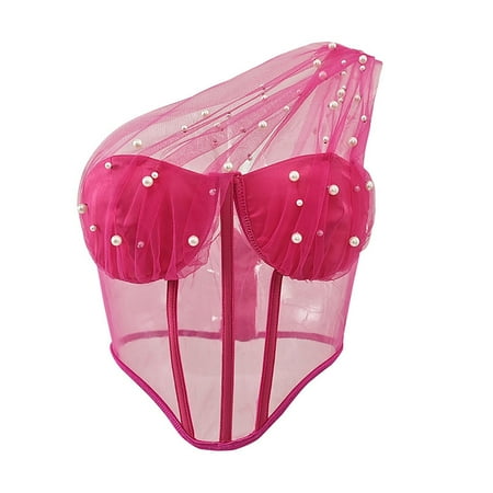 JGGSPWM Women s Pearl Embellished One Shoulder Sheer Corset Top Strapless Mesh Bustier Boned Back Crop Top Hot Pink L