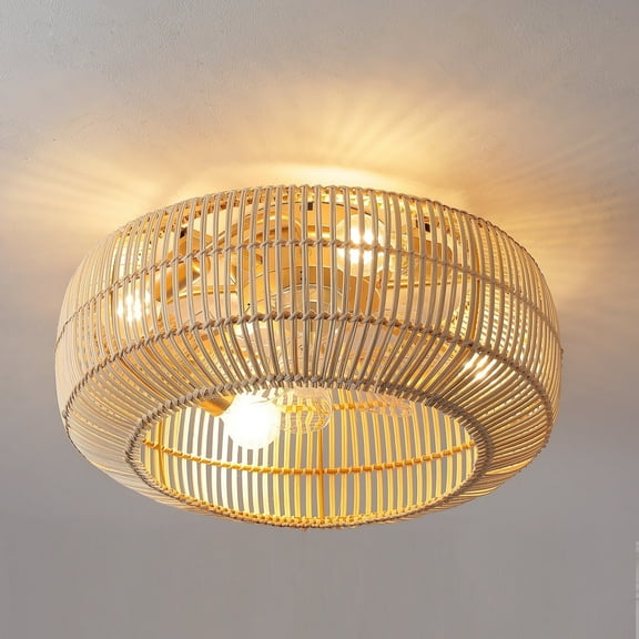 KAUDGHY 20in Boho Ceiling Fan with Light: Rattan Ceiling Fans with Lights and Remote; 6-Speed Reversible; Flush Mount Low Profile Caged Fandelier for Bedroom, Living Room, Kitchen