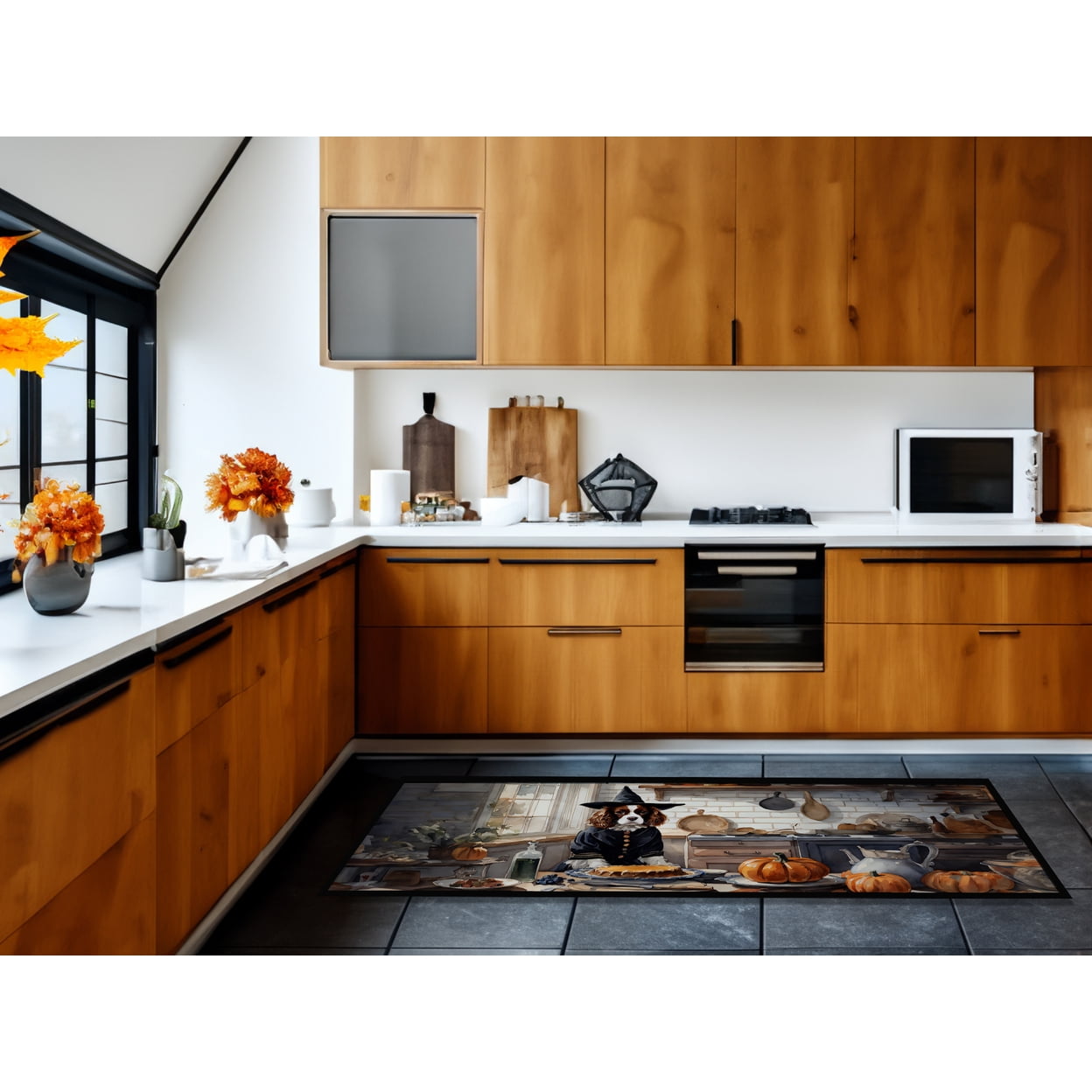 Caroline's Treasures Cavalier Spaniel Fall Kitchen Pumpkins Runner Mat 28x58 Front Door Mat Indoor Outdoor Rugs for Entryway Hallway Foyer Non Slip Washable Wide Doormat