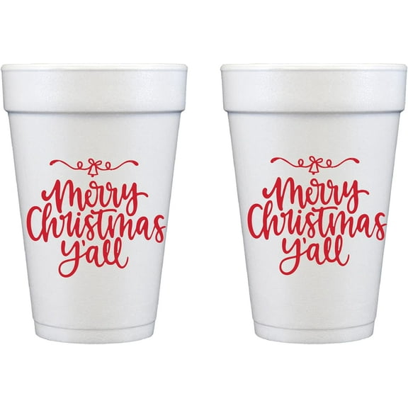Christmas Disposable Cups 12 Pack (Merry Christmas Y'all) Party Cups 12oz. - Foam Cute Cup Set for Party, Decorations, Tableware - Party Supply Drinkware for Beverage/Snacks